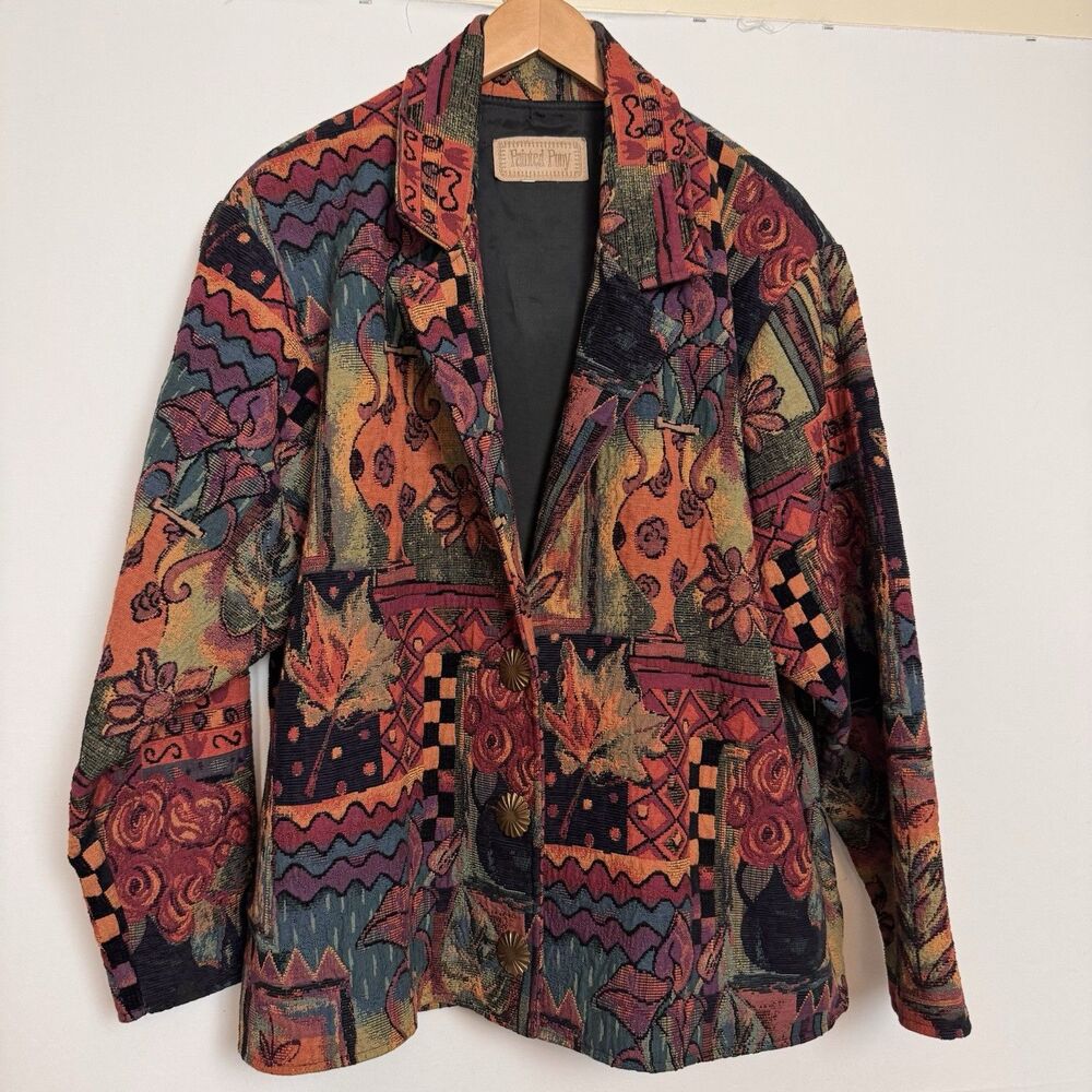 Vintage Painted Pony Tapestry Jacket L Cotton Made in USA Art to Wear